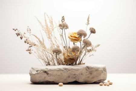 Front view of a white background with a stone podium and a dry flowerの素材