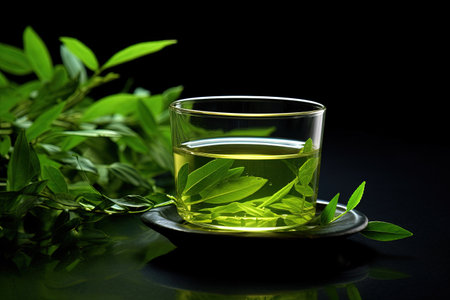 Fresh green tea in a glass cupの素材