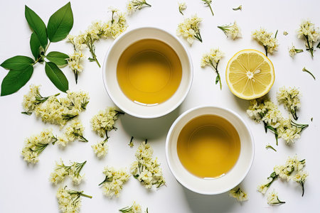 Flat lay of herbal tea concept with two white tea cups teapot and green tea leavesの素材