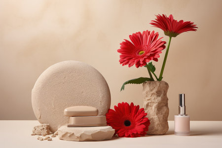 Gerbera flower stones and lipstick on beige background with decorative plaster podiumの素材