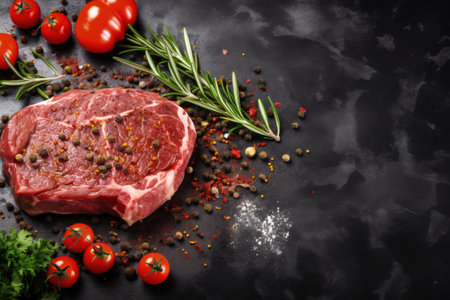 Fresh steak topped with cherry tomatoes hot pepper garlic oil and herbs on a rustic background Banneの素材