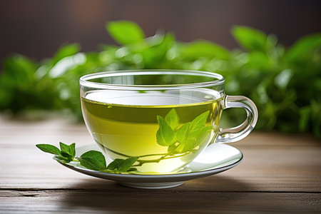 Green tea cup filled with fresh tea leavesの素材