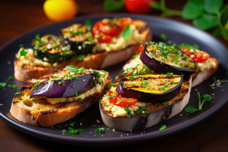 Grilled vegetables and hummus on toastの素材