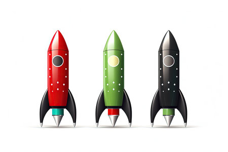 Gray black red and green rocket in space on white background Concept of missile launchの素材