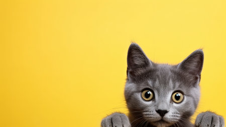 Grey cat stretches paw on yellow backgroundの素材