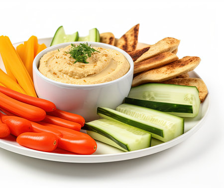 Healthy vegan concept with plate of hummus and vegetable sticks on a white backgroundの素材
