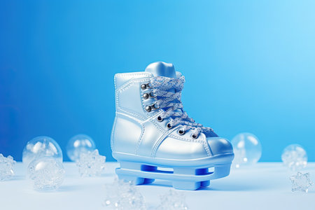 Ice skates on snow against blue background Winter sports and holidaysの素材