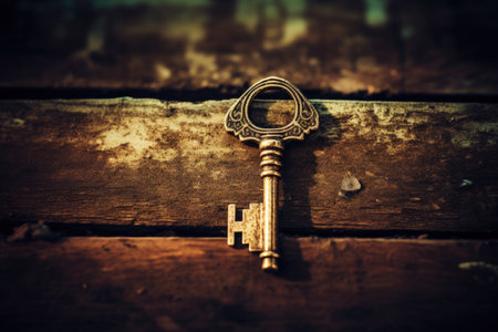 Macro shot of an old key in a retro style keyhole symbolizing history business and securityの素材