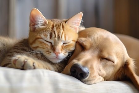 Kitten and puppy napping together domestic pets displaying love and friendship with animal care invoの素材