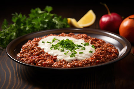 Kayseri Yaglama Turkish dish with minced meat yogurt and tomato pasteの素材