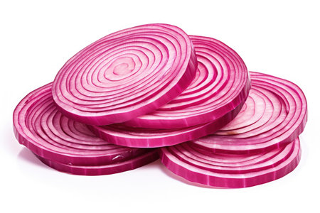 Isolated white background with sliced red onion ringsの素材