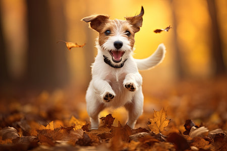 Jack Russell Terrier leaps over autumn leaves with a dog like moodの素材