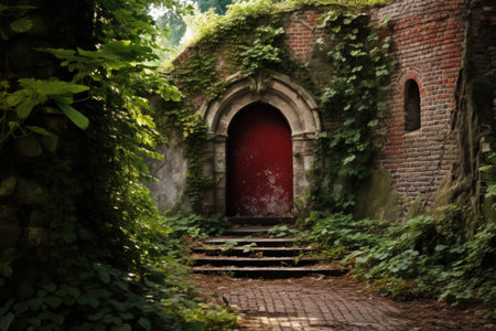 Mysterious path lined with green vines leads to castle wallsの素材