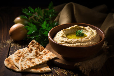 Lentil hummus served with pita bread on a wooden tableの素材