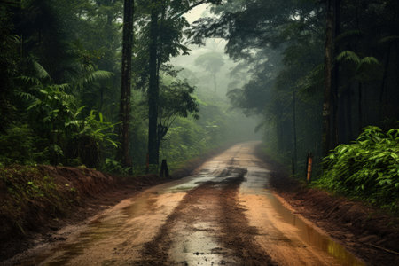 Muddy path through lush forestの素材