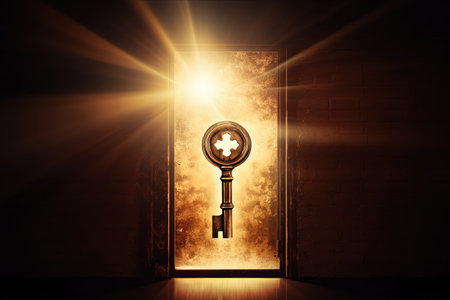 Light shines through the keyhole on a wall symbolizing business concepts of dreams success and opporの素材