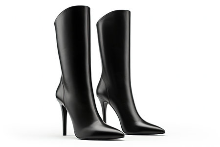 Isolated white background Black leather knee high boots for women s fashion Classic spring and autumの素材