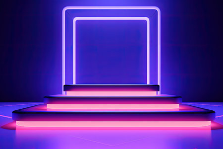 Neon lit podiums against abstract backdrop showcasing products with modern geometric designsの素材