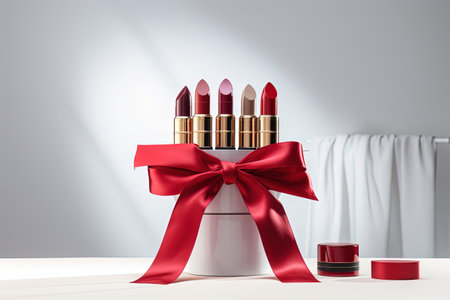 Lipsticks on a light background podiums and ribbonsの素材
