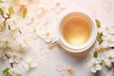 Jasmine tea and flowers in composition on light backgroundの素材