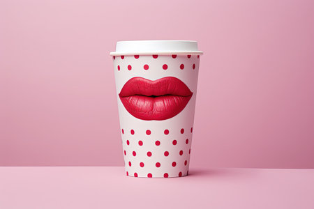 Lipstick kiss mark on a paper cup pink lips on the tableの素材