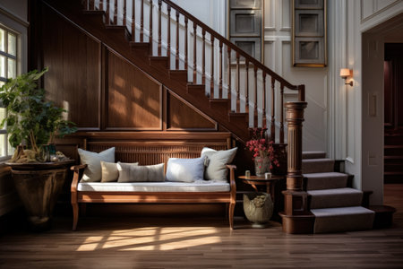 Luxurious home entrance with wood tone staircase bench exuding warmthの素材