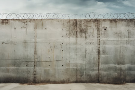 Lonely space for text within a prison like setting of a concrete wall and barbed wireの素材