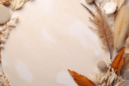 Natural plants on marble podium beauty and fashion concept on beige background top view copy spaceの素材