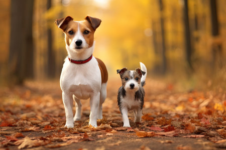 Mixed breed and Jack Russell Terrier stroll in fall parkの素材