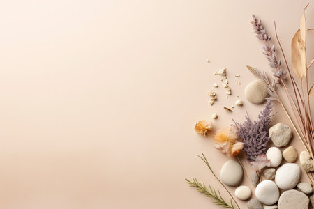 Nature scene with stones and dry flowers on neutral background for cosmetic branding Pastel colors Fの素材