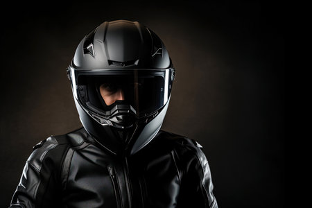 Motorcyclist in helmet looks sideways with headlights on Customizable text spaceの素材