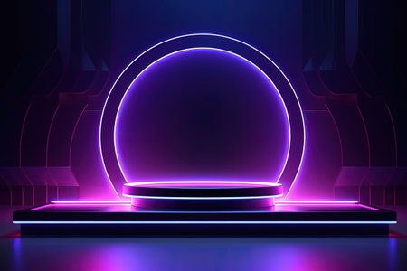Neon lit geometric forms and podiums display products on an abstract backgroundの素材