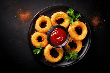 Onion rings with ketchup seen from above on a dark surfaceの素材