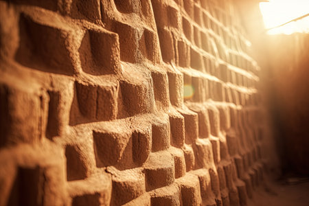 Muddy house wall with blurred clay background and sunlightの素材