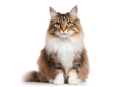 Norwegian Forest cat sitting facing camera isolated on white backgroundの素材