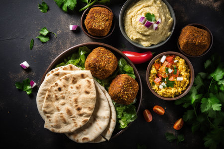 Middle Eastern food on concrete top view focusedの素材