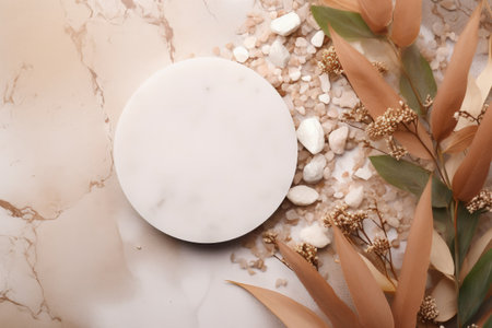 Natural elements white marble podium beauty and fashion mock up beige background top view copy spaceの素材