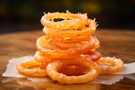 Onion ring arranged on white waxed paper shallow depthの素材