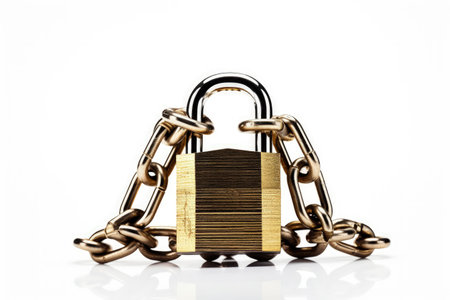 Padlock and chains alone on white surfaceの素材