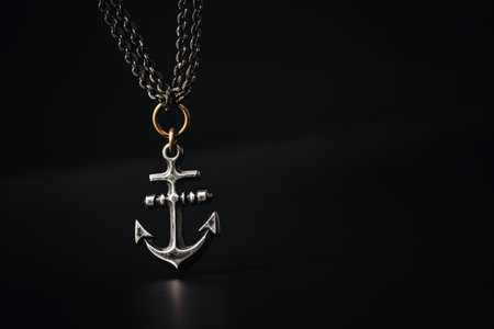 Metallic small anchor necklace on black background Symbolizes sailors reliability and confidence Navの素材