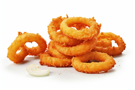 Onion rings fried against white backdropの素材