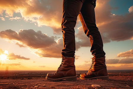 Male model wearing jeans and brown leather boots against a sunset sky background with space for textの素材