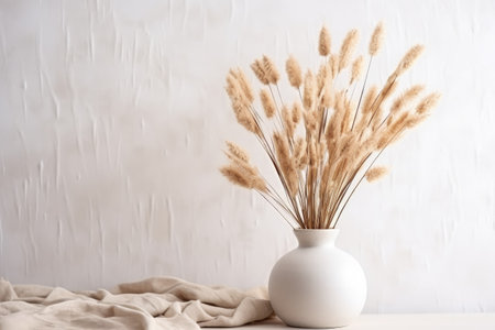 Neutral living room with a white podium showcasing dried flowers and a space for copying featuring aの素材