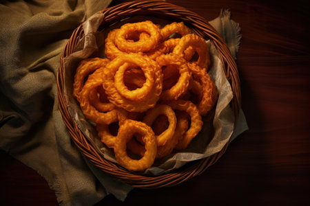 Overhead view of onion rings basket being photographedの素材