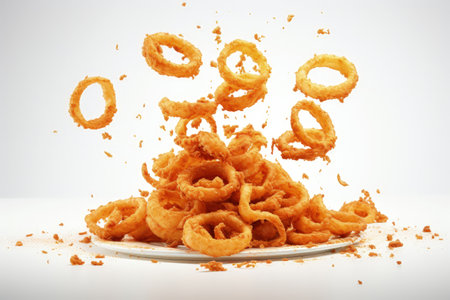 Onion rings fried and dropping on white surfaceの素材