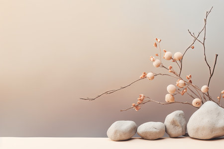 Natural scene with stones and branch Beige background for cosmetic branding Pastel colors Copy spaceの素材