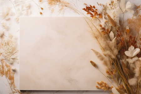 Natural grass leaves and flowers on white marble podium beauty and fashion concept mock up on beigeの素材