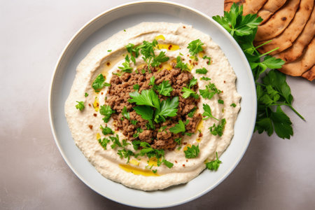 Overhead shot of white plate with hummus ground beef and parsley on beige granite backgroundの素材