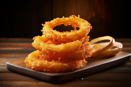 Onion rings on wooden surfaceの素材