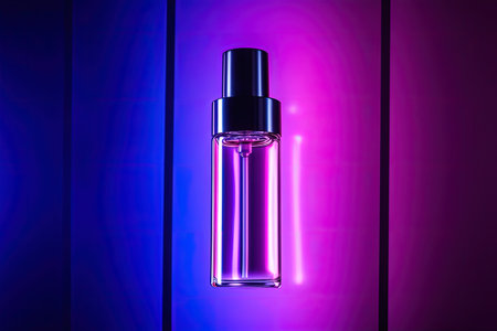 Neon lit blank podium bottle features trendy colors and shines with cosmetic oil or serum on textileの素材